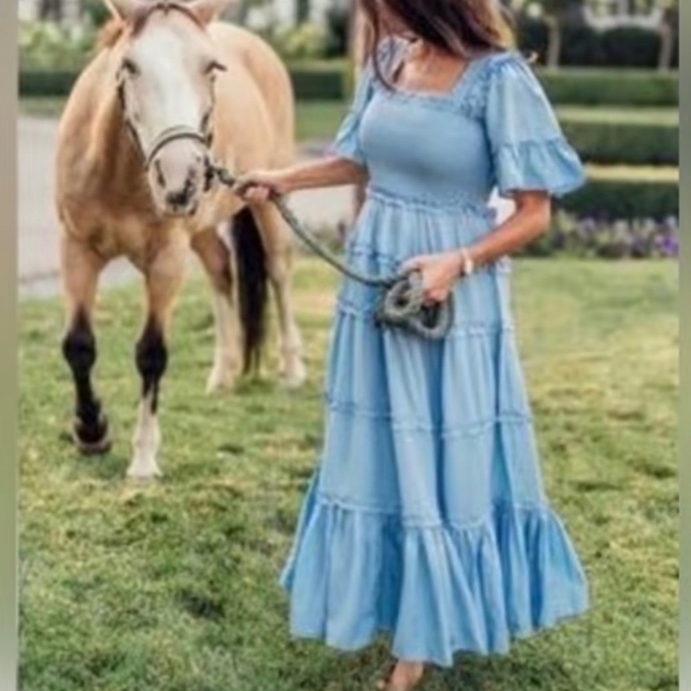JESSAKAE Ella Smocked Tiered Dress Puff Sleeve SZ 2X Blue Cottagecore Romantic
